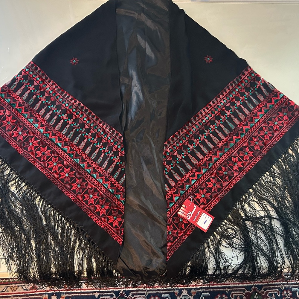 Black and Red Embroidered Shawl with Fringe